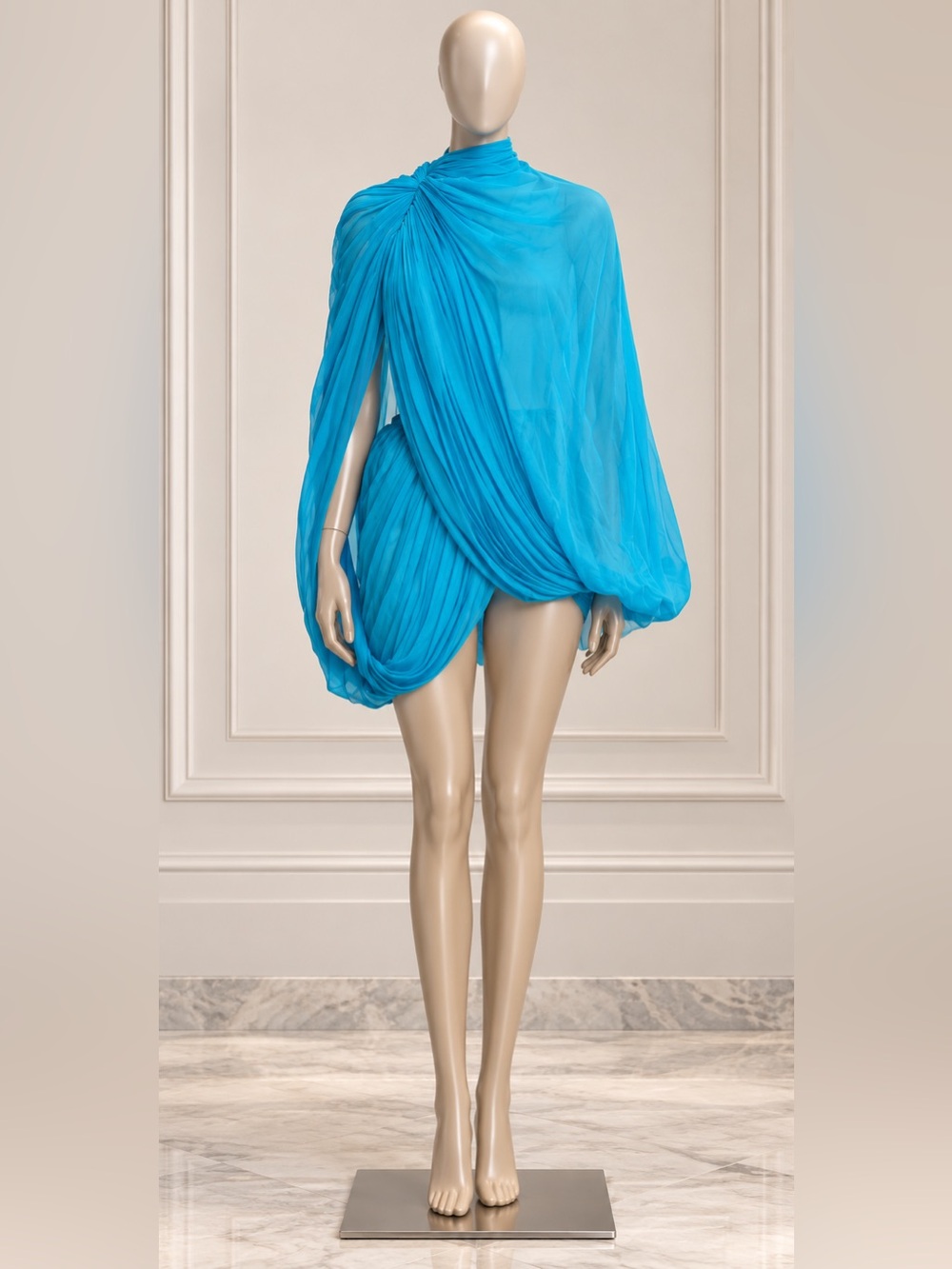 Alaïa Asymmetric Draped Georgette Mini Dress Turquoise